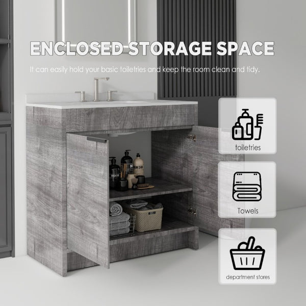 English Elm 36 Inch Freestanding Bathroom Vanity with Cultured Marble Top Soft Close Plywood Build Grey Granite White B2775S00187