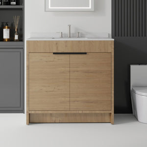 English Elm 36 Inch Freestanding Bathroom Vanity with Cultured Marble Top Soft Close Plywood Build Oak Granite White B2775S00188