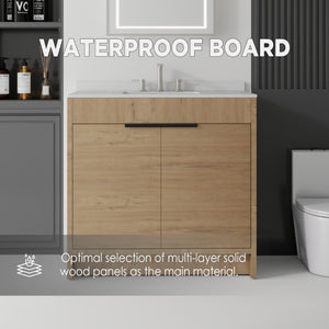 English Elm 36 Inch Freestanding Bathroom Vanity with Cultured Marble Top Soft Close Plywood Build Oak Granite White B2775S00188