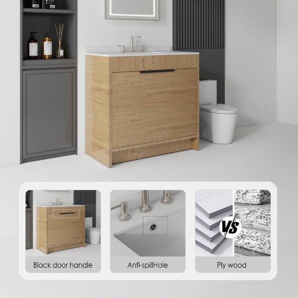 English Elm 36 Inch Freestanding Bathroom Vanity with Cultured Marble Top Soft Close Plywood Build Oak Granite White B2775S00188