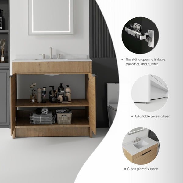English Elm 36 Inch Freestanding Bathroom Vanity with Cultured Marble Top Soft Close Plywood Build Oak Granite White B2775S00188