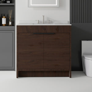 English Elm 36 Inch Freestanding Bathroom Vanity with Cultured Marble Top Soft Close Plywood Build Brown Granite White B2775S00189