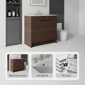 English Elm 36 Inch Freestanding Bathroom Vanity with Cultured Marble Top Soft Close Plywood Build Brown Granite White B2775S00189
