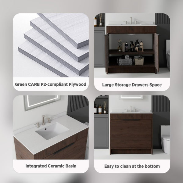 English Elm 36 Inch Freestanding Bathroom Vanity with Cultured Marble Top Soft Close Plywood Build Brown Granite White B2775S00189