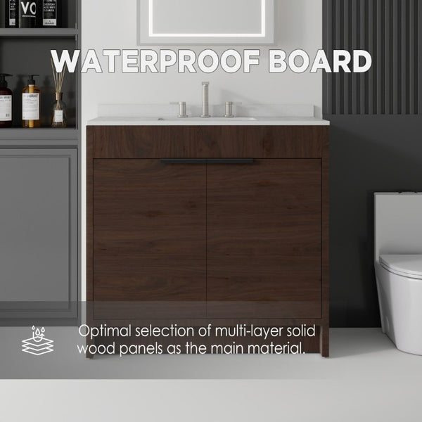 English Elm 36 Inch Freestanding Bathroom Vanity with Cultured Marble Top Soft Close Plywood Build Brown Granite White B2775S00189