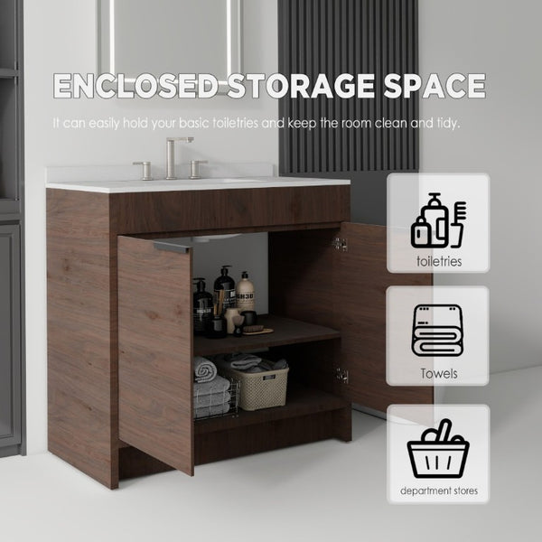 English Elm 36 Inch Freestanding Bathroom Vanity with Cultured Marble Top Soft Close Plywood Build Brown Granite White B2775S00189