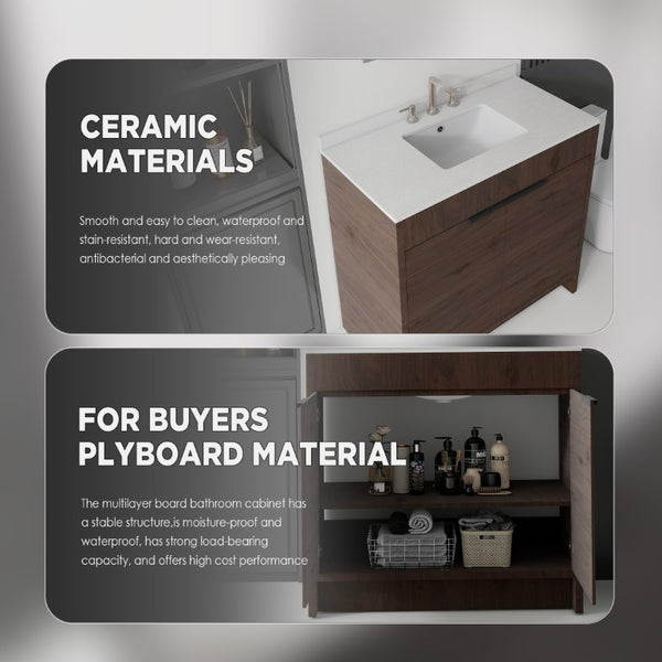 English Elm 36 Inch Freestanding Bathroom Vanity with Cultured Marble Top Soft Close Plywood Build Brown Granite White B2775S00189