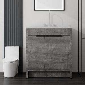English Elm 36 Inch Freestanding Bathroom Vanity with Cultured Marble Top Soft Close Cabinet Grey Carrara White B2775S00190