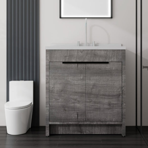 English Elm 36 Inch Freestanding Bathroom Vanity with Cultured Marble Top Soft Close Cabinet Grey Carrara White B2775S00190