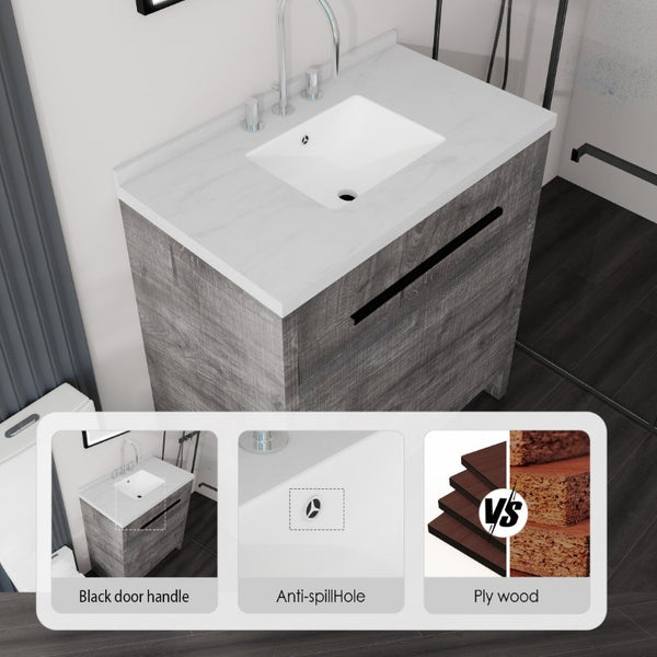 English Elm 36 Inch Freestanding Bathroom Vanity with Cultured Marble Top Soft Close Cabinet Grey Carrara White B2775S00190