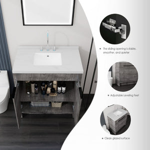 English Elm 36 Inch Freestanding Bathroom Vanity with Cultured Marble Top Soft Close Cabinet Grey Carrara White B2775S00190