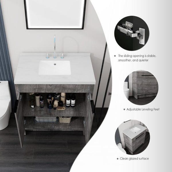 English Elm 36 Inch Freestanding Bathroom Vanity with Cultured Marble Top Soft Close Cabinet Grey Carrara White B2775S00190