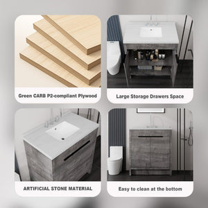 English Elm 36 Inch Freestanding Bathroom Vanity with Cultured Marble Top Soft Close Cabinet Grey Carrara White B2775S00190