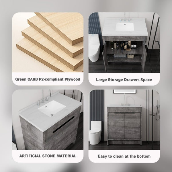 English Elm 36 Inch Freestanding Bathroom Vanity with Cultured Marble Top Soft Close Cabinet Grey Carrara White B2775S00190