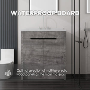 English Elm 36 Inch Freestanding Bathroom Vanity with Cultured Marble Top Soft Close Cabinet Grey Carrara White B2775S00190