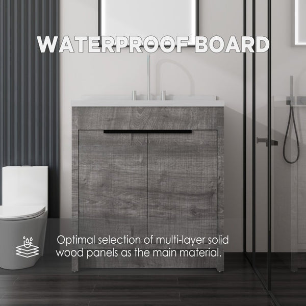 English Elm 36 Inch Freestanding Bathroom Vanity with Cultured Marble Top Soft Close Cabinet Grey Carrara White B2775S00190