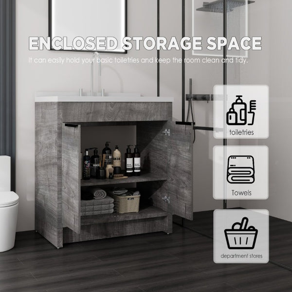 English Elm 36 Inch Freestanding Bathroom Vanity with Cultured Marble Top Soft Close Cabinet Grey Carrara White B2775S00190