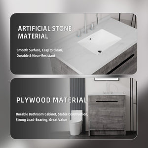 English Elm 36 Inch Freestanding Bathroom Vanity with Cultured Marble Top Soft Close Cabinet Grey Carrara White B2775S00190