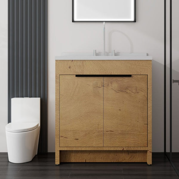 English Elm 36 Inch Freestanding Bathroom Vanity with Cultured Marble Top Soft Close Cabinet Oak Carrara White B2775S00191