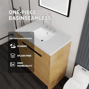 English Elm 36 Inch Freestanding Bathroom Vanity with Cultured Marble Top Soft Close Cabinet Oak Carrara White B2775S00191