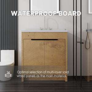 English Elm 36 Inch Freestanding Bathroom Vanity with Cultured Marble Top Soft Close Cabinet Oak Carrara White B2775S00191