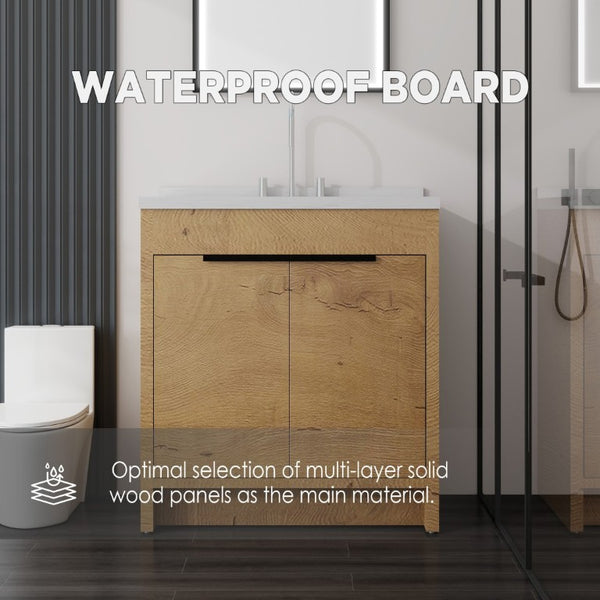 English Elm 36 Inch Freestanding Bathroom Vanity with Cultured Marble Top Soft Close Cabinet Oak Carrara White B2775S00191