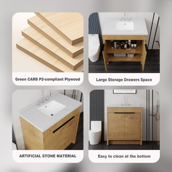 English Elm 36 Inch Freestanding Bathroom Vanity with Cultured Marble Top Soft Close Cabinet Oak Carrara White B2775S00191