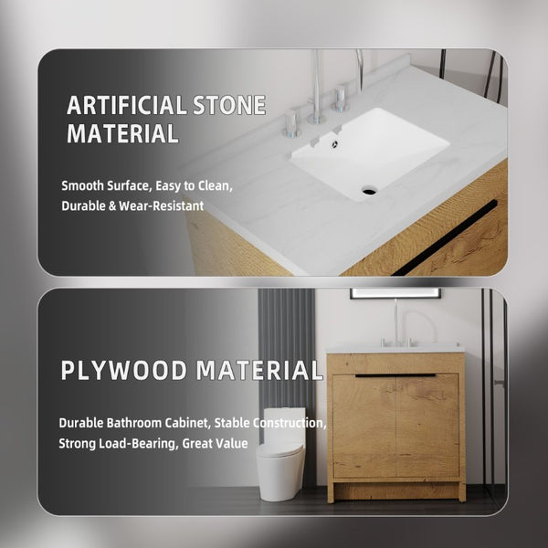 English Elm 36 Inch Freestanding Bathroom Vanity with Cultured Marble Top Soft Close Cabinet Oak Carrara White B2775S00191
