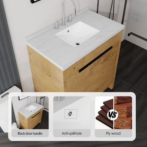 English Elm 36 Inch Freestanding Bathroom Vanity with Cultured Marble Top Soft Close Cabinet Oak Carrara White B2775S00191