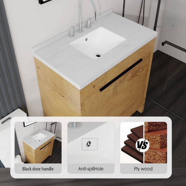 English Elm 36 Inch Freestanding Bathroom Vanity with Cultured Marble Top Soft Close Cabinet Oak Carrara White B2775S00191