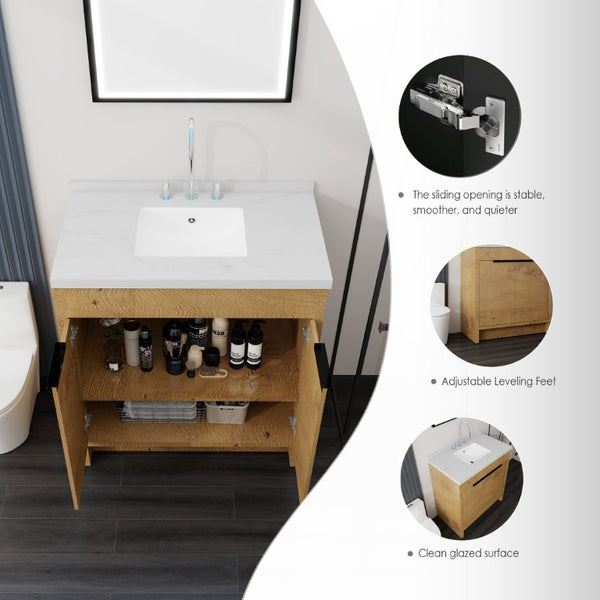 English Elm 36 Inch Freestanding Bathroom Vanity with Cultured Marble Top Soft Close Cabinet Oak Carrara White B2775S00191