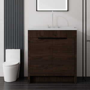 English Elm 36 Inch Freestanding Bathroom Vanity with Cultured Marble Top Soft Close Cabinet Brown Carrara White B2775S00192