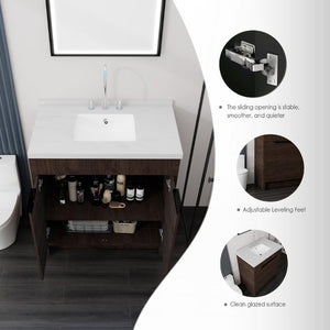 English Elm 36 Inch Freestanding Bathroom Vanity with Cultured Marble Top Soft Close Cabinet Brown Carrara White B2775S00192