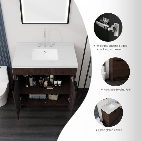 English Elm 36 Inch Freestanding Bathroom Vanity with Cultured Marble Top Soft Close Cabinet Brown Carrara White B2775S00192