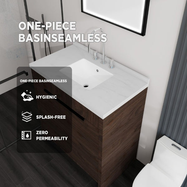 English Elm 36 Inch Freestanding Bathroom Vanity with Cultured Marble Top Soft Close Cabinet Brown Carrara White B2775S00192