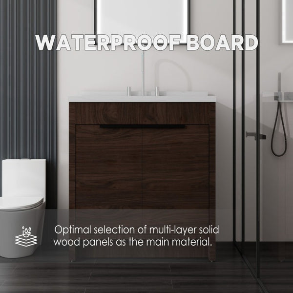 English Elm 36 Inch Freestanding Bathroom Vanity with Cultured Marble Top Soft Close Cabinet Brown Carrara White B2775S00192
