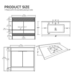 English Elm 36 Inch Freestanding Bathroom Vanity with Cultured Marble Top Soft Close Cabinet Brown Carrara White B2775S00192