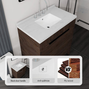 English Elm 36 Inch Freestanding Bathroom Vanity with Cultured Marble Top Soft Close Cabinet Brown Carrara White B2775S00192