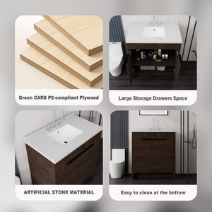 English Elm 36 Inch Freestanding Bathroom Vanity with Cultured Marble Top Soft Close Cabinet Brown Carrara White B2775S00192