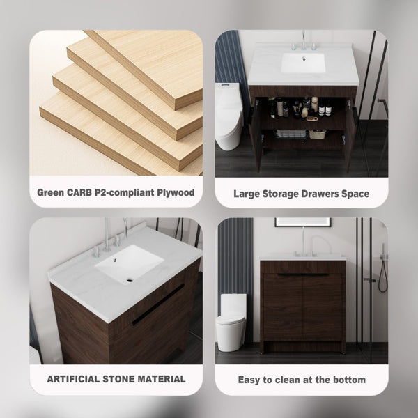 English Elm 36 Inch Freestanding Bathroom Vanity with Cultured Marble Top Soft Close Cabinet Brown Carrara White B2775S00192