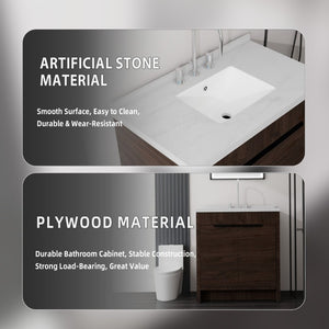 English Elm 36 Inch Freestanding Bathroom Vanity with Cultured Marble Top Soft Close Cabinet Brown Carrara White B2775S00192