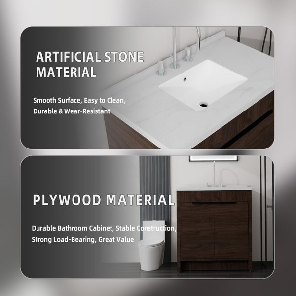 English Elm 36 Inch Freestanding Bathroom Vanity with Cultured Marble Top Soft Close Cabinet Brown Carrara White B2775S00192
