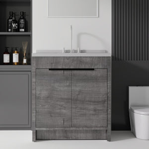 English Elm 36 Inch Freestanding Bathroom Vanity with Cultured Marble Top Soft Close Cabinet Grey Granite White B2775S00193