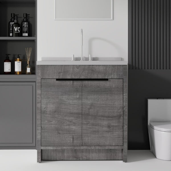 English Elm 36 Inch Freestanding Bathroom Vanity with Cultured Marble Top Soft Close Cabinet Grey Granite White B2775S00193