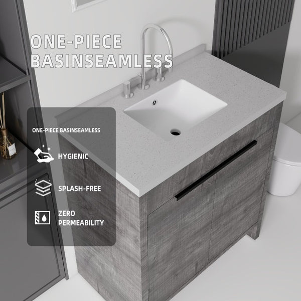 English Elm 36 Inch Freestanding Bathroom Vanity with Cultured Marble Top Soft Close Cabinet Grey Granite White B2775S00193