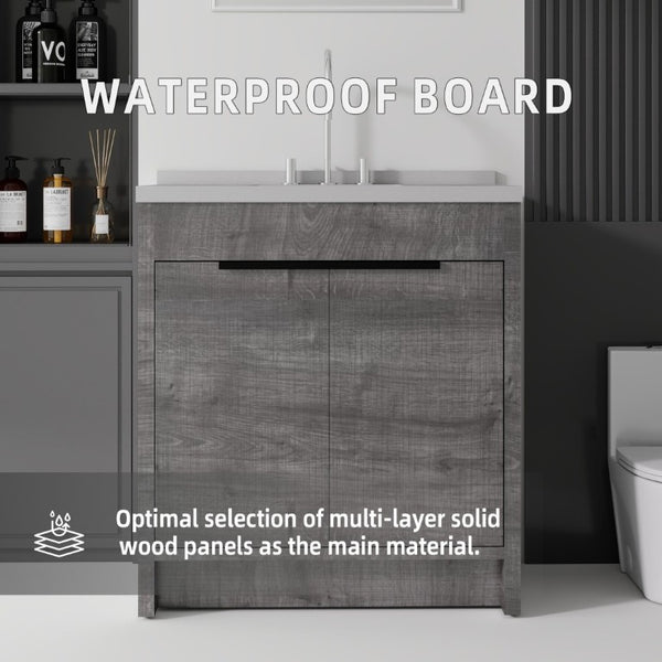 English Elm 36 Inch Freestanding Bathroom Vanity with Cultured Marble Top Soft Close Cabinet Grey Granite White B2775S00193