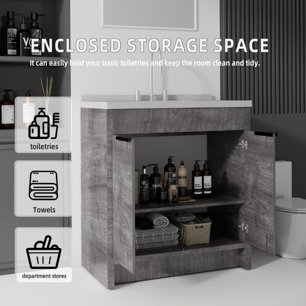 English Elm 36 Inch Freestanding Bathroom Vanity with Cultured Marble Top Soft Close Cabinet Grey Granite White B2775S00193