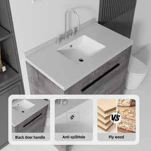 English Elm 36 Inch Freestanding Bathroom Vanity with Cultured Marble Top Soft Close Cabinet Grey Granite White B2775S00193