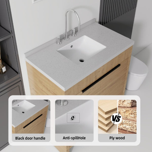 English Elm 36 Inch Freestanding Bathroom Vanity with Cultured Marble Top Soft Close Cabinet Oak Granite White B2775S00194
