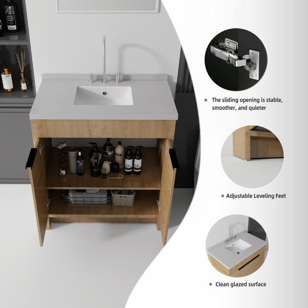 English Elm 36 Inch Freestanding Bathroom Vanity with Cultured Marble Top Soft Close Cabinet Oak Granite White B2775S00194